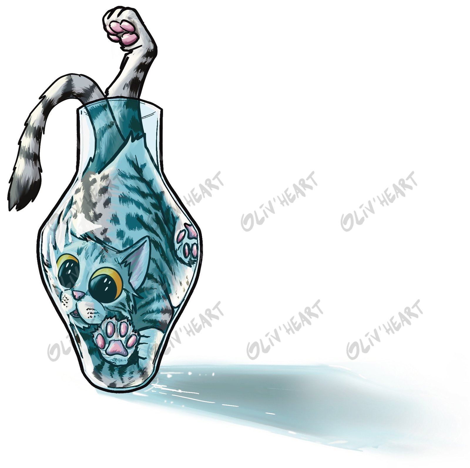 Le chat liquide – illustration d'Olivier Souriou (Oliv'Heart) pour « 3 enquêtes de police scientifique » Physique-Chimie 1re, Ellipses